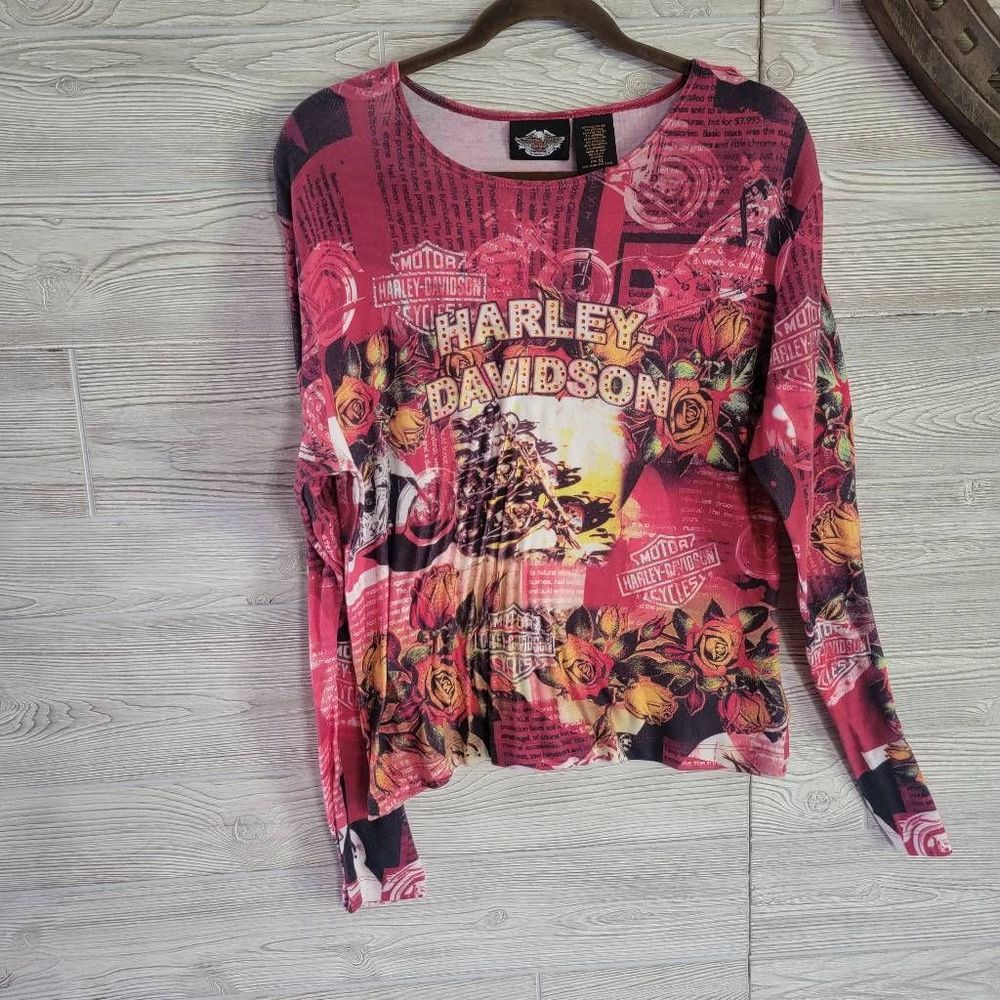 Harley-Davidson Vintage Tattoo Style Shirt SZ XL Womens Bling Long Sleeve Strech
